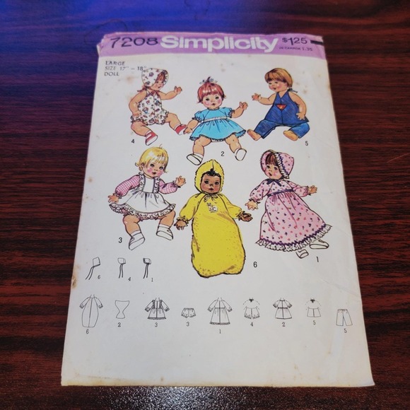 Simplicity Other - Vintage Simplicity 7208 Baby Doll Clothes Sewing Pattern 17–18" 70s